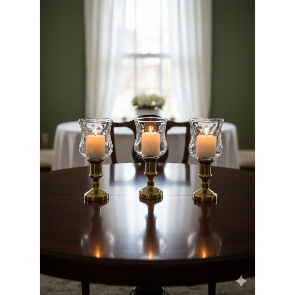 Brass Glass Hurricane Candle Holders Set Of 3 Pillar Pedestal Gold Table Decor